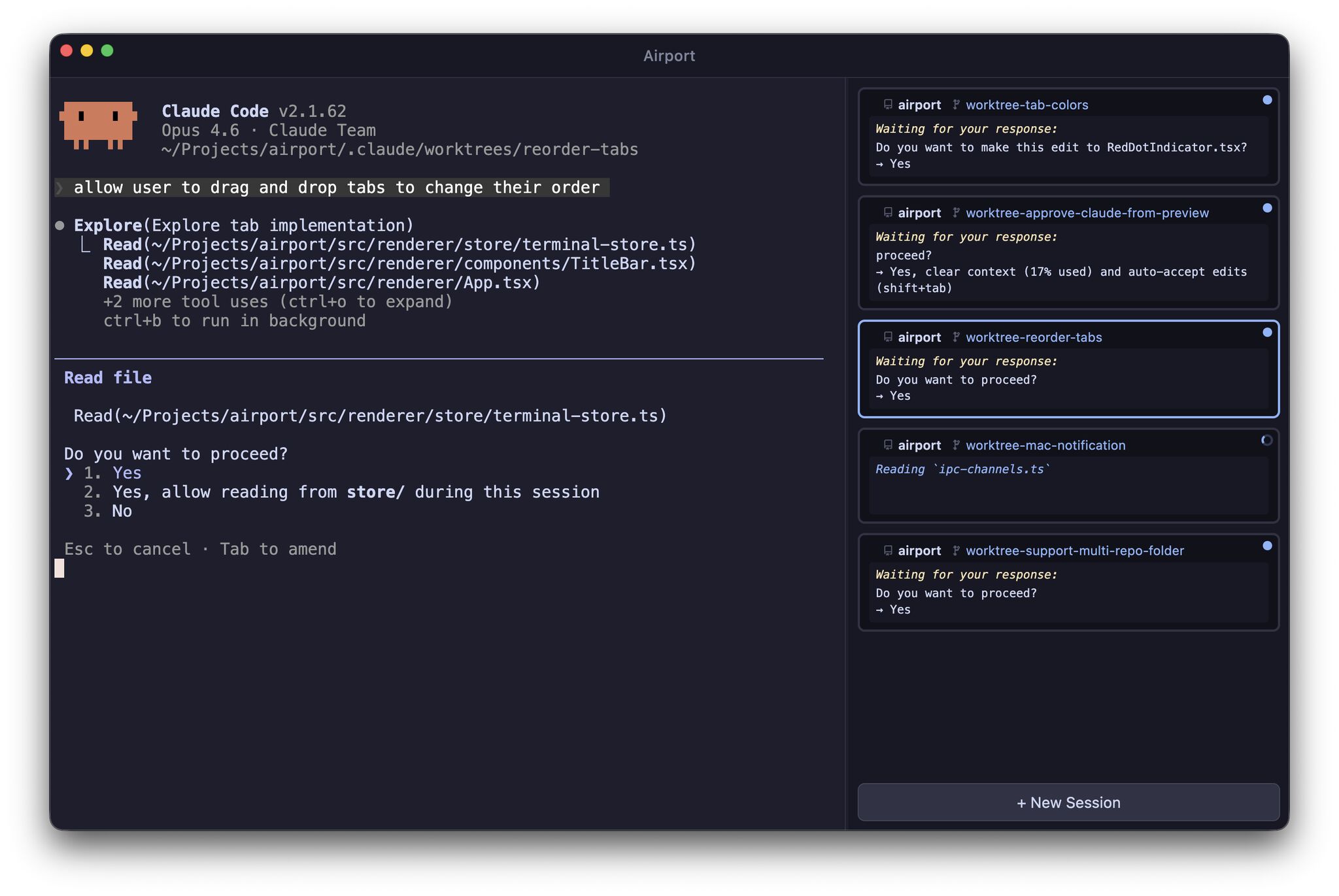 Airport terminal multiplexer showing multiple Claude Code sessions running in parallel